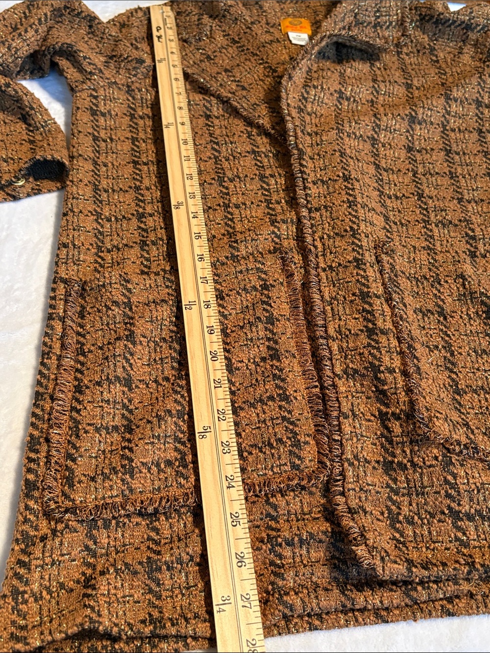 Ruby Rd. Open-Front Tweed Bouclé Jacket Rust Brown & Black Gold Thread MP - Picture 9 of 10